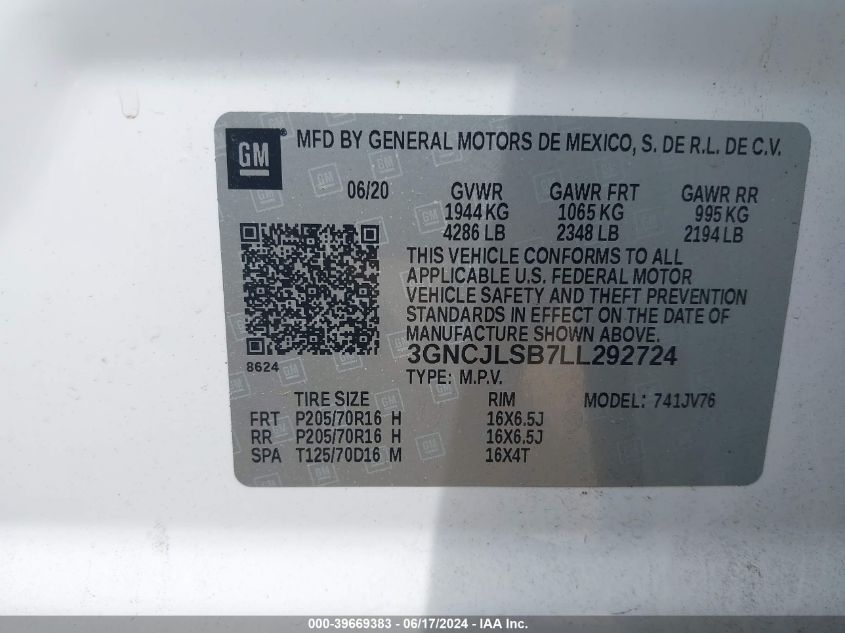 2020 Chevrolet Trax Fwd Lt VIN: 3GNCJLSB7LL292724 Lot: 39669383