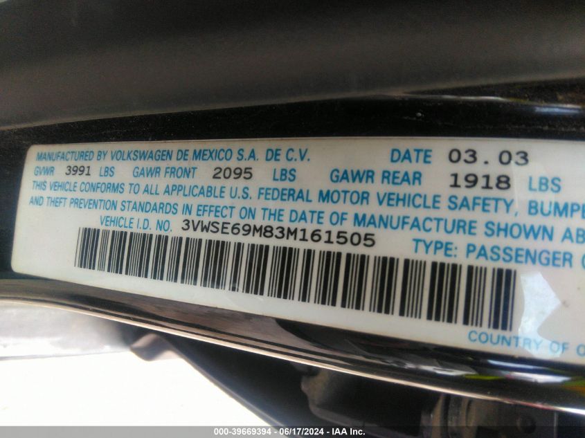 2003 Volkswagen Jetta Gls 1.8T VIN: 3VWSE69M83M161505 Lot: 39669394