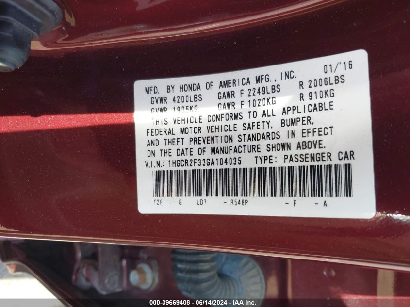 1HGCR2F33GA104035 | 2016 HONDA ACCORD