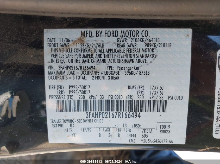 2007 Ford Fusion Sel VIN: 3FAHP02167R166494 Lot: 39669413