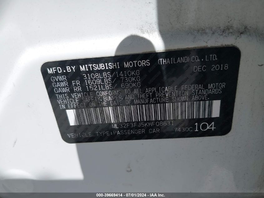 ML32F3FJ5KHF08631 2019 Mitsubishi Mirage G4 Es