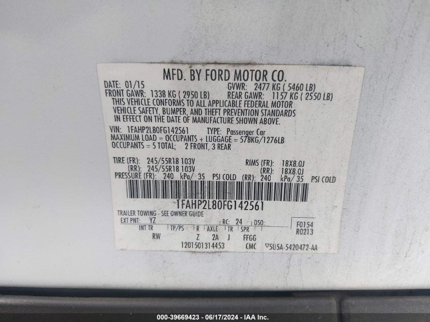 2015 Ford Police Interceptor VIN: 1FAHP2L80FG142561 Lot: 39669423