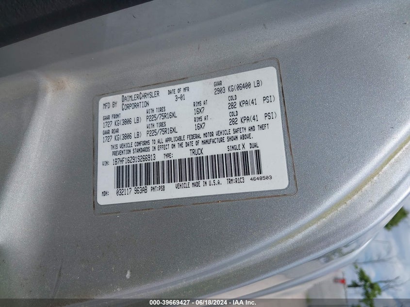 2001 Dodge Ram 1500 St VIN: 1B7HF16Z91S266913 Lot: 39669427