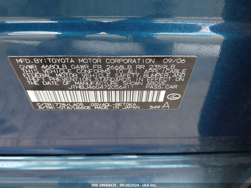 2007 Lexus Es 350 VIN: JTHBJ46G472056411 Lot: 39669435