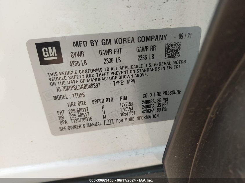 2022 Chevrolet Trailblazer Fwd Lt VIN: KL79MPSL3NB069897 Lot: 39669453