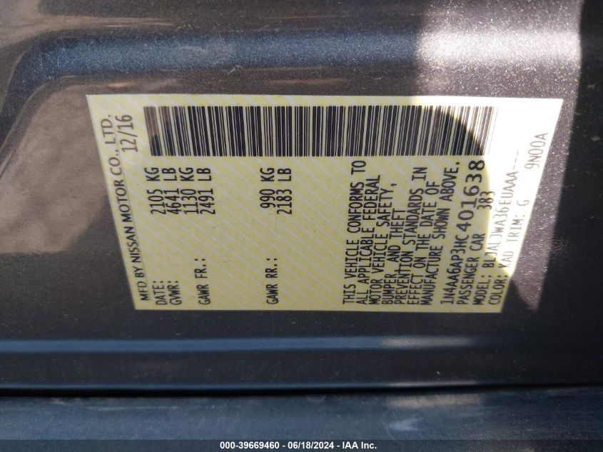 2017 Nissan Maxima 3.5 Sv VIN: 1N4AA6AP3HC401638 Lot: 39669460