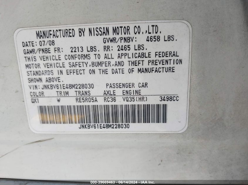 2008 Infiniti G35 Journey VIN: JNKBV61E48M228030 Lot: 39669463