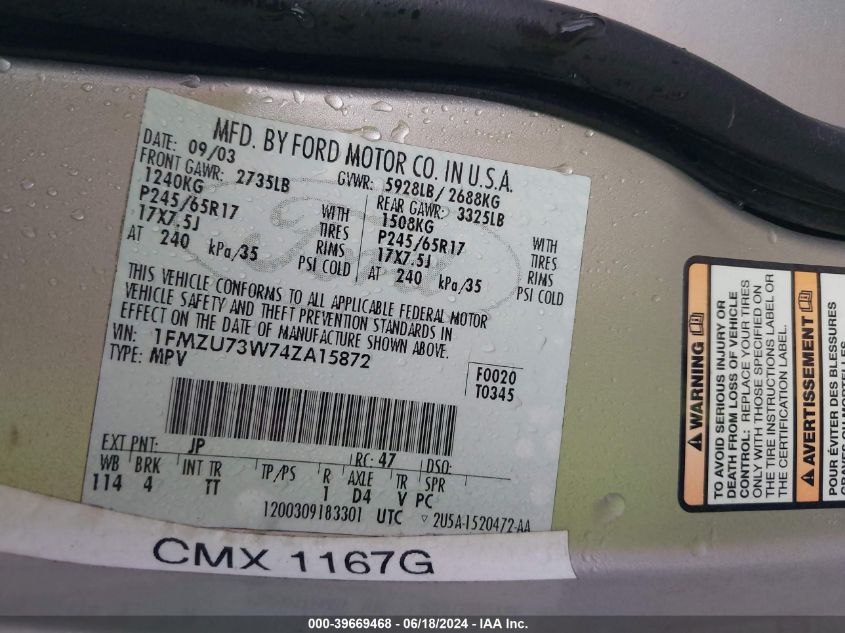 2004 Ford Explorer Nbx/Xlt VIN: 1FMZU73W74ZA15872 Lot: 39669468