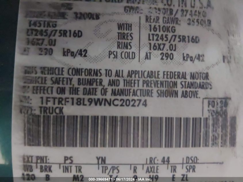 1998 Ford F-150 Lariat/Standard/Xl/Xlt VIN: 1FTRF18L9WNC20274 Lot: 39669471
