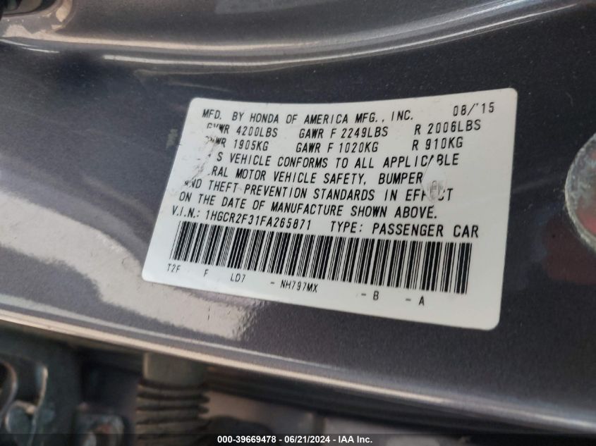 1HGCR2F31FA265871 2015 Honda Accord Lx