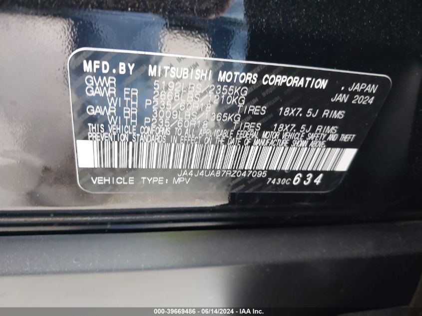 2024 Mitsubishi Outlander Es 2.5 S-Awc VIN: JA4J4UA87RZ047095 Lot: 39669486