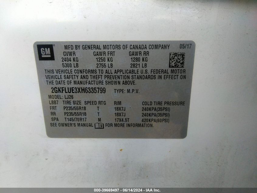 2017 GMC Terrain Slt VIN: 2GKFLUE3XH6335799 Lot: 39669497