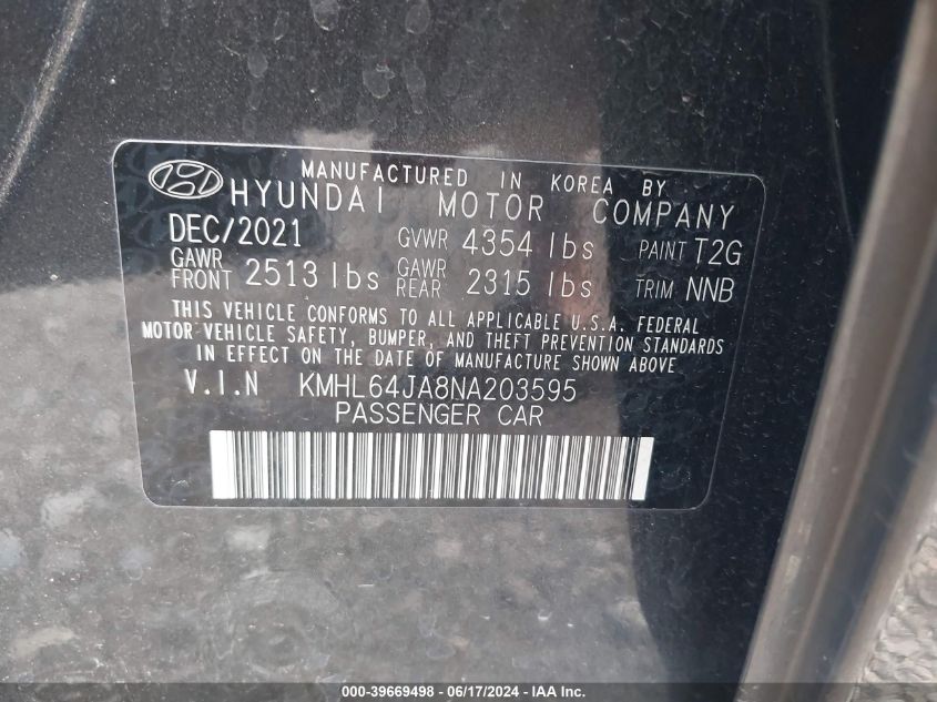 2022 Hyundai Sonata Sel VIN: KMHL64JA8NA203595 Lot: 39669498