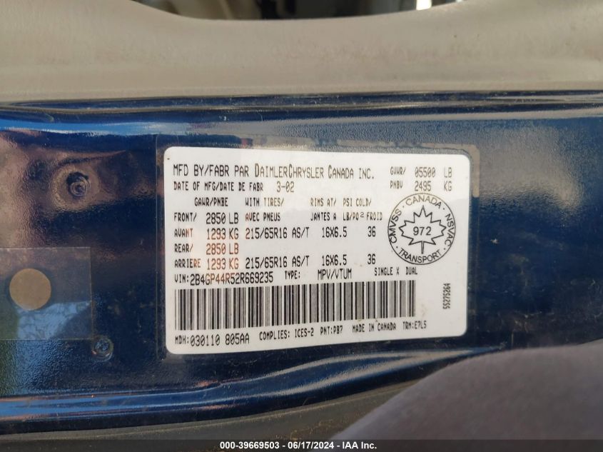 2002 Dodge Grand Caravan Sport VIN: 2B4GP44R52R669235 Lot: 39669503