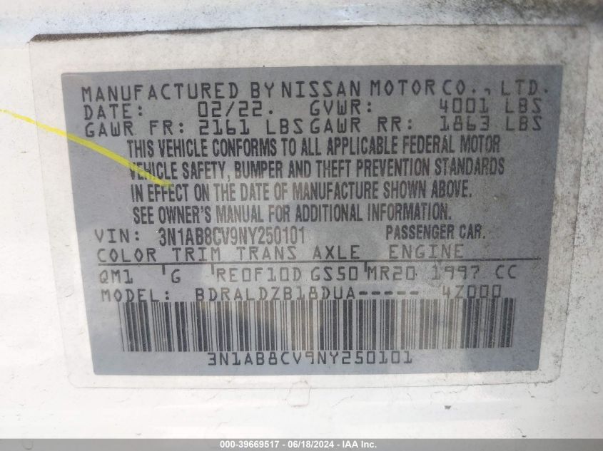 2022 Nissan Sentra Sv Xtronic Cvt VIN: 3N1AB8CV9NY250101 Lot: 39669517