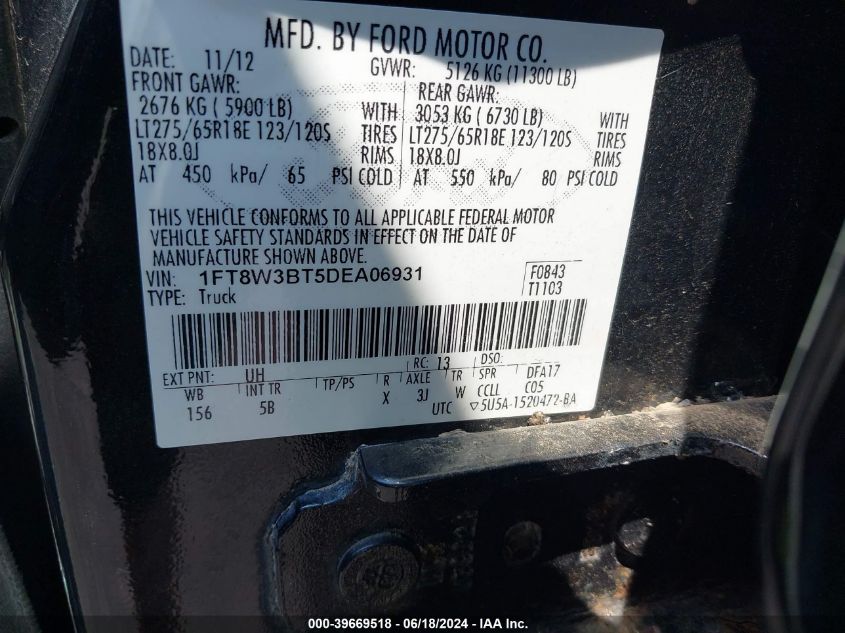 2013 Ford F-350 Lariat VIN: 1FT8W3BT5DEA06931 Lot: 39669518