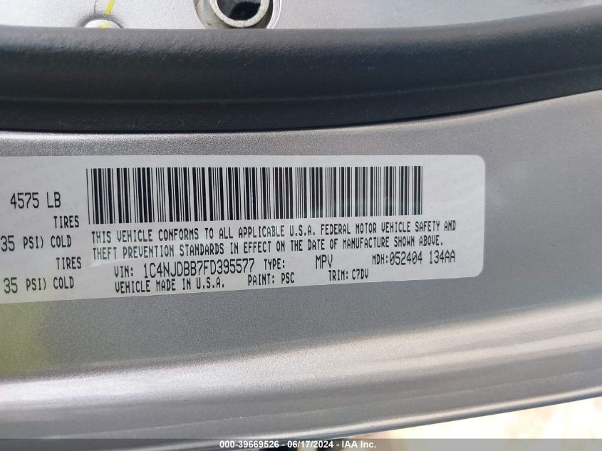 2015 Jeep Compass Sport VIN: 1C4NJDBB7FD395577 Lot: 39669526