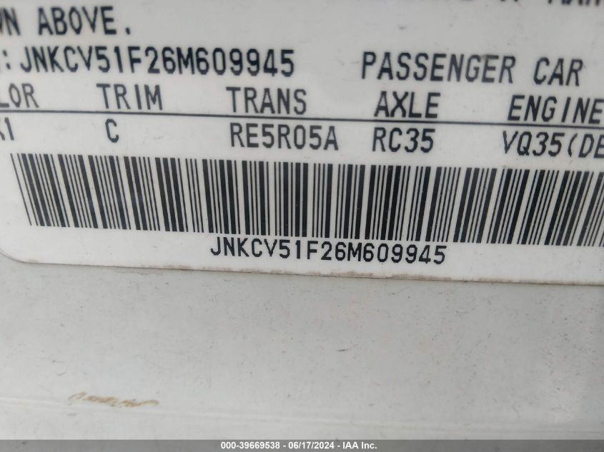 2006 Infiniti G35X VIN: JNKCV51F26M609945 Lot: 39669538