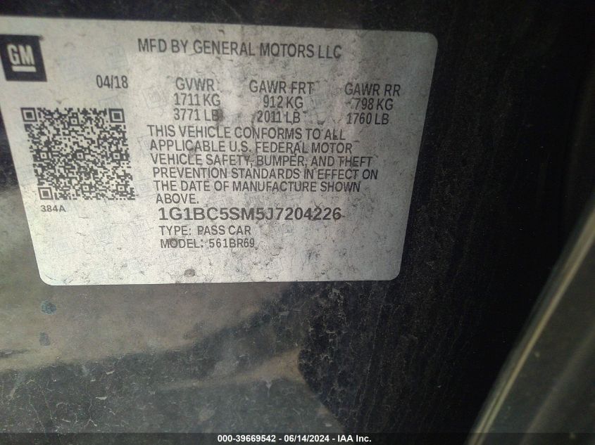 2018 Chevrolet Cruze Ls Auto VIN: 1G1BC5SM5J7204226 Lot: 39669542