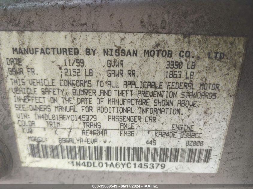 2000 Nissan Altima Gle/Gxe/Se VIN: 1N4DL01A6YC145379 Lot: 39669549