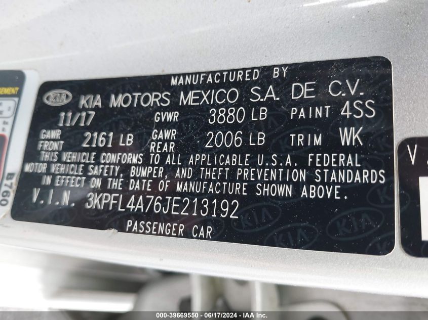 2018 Kia Forte Lx VIN: 3KPFL4A76JE213192 Lot: 39669550