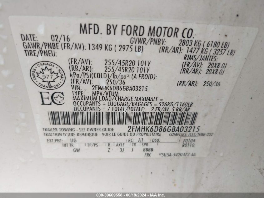 2016 Ford Flex Limited VIN: 2FMHK6D86GBA03215 Lot: 39669558