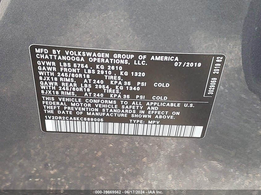 2019 VOLKSWAGEN ATLAS VIN: 1V2DR2CA5KC589005