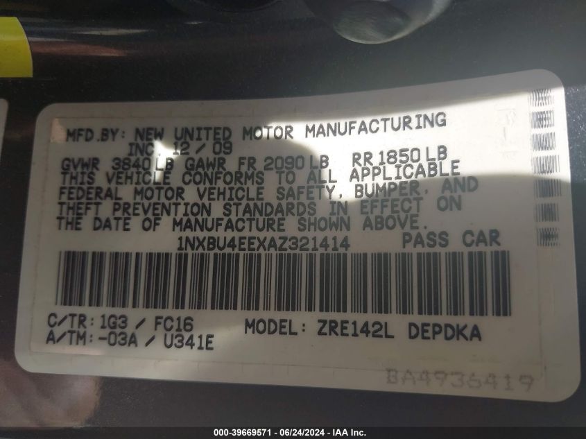 2010 Toyota Corolla Le VIN: 1NXBU4EEXAZ321414 Lot: 39669571