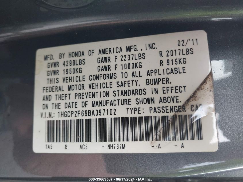 2011 Honda Accord 2.4 Se VIN: 1HGCP2F69BA097102 Lot: 39669587