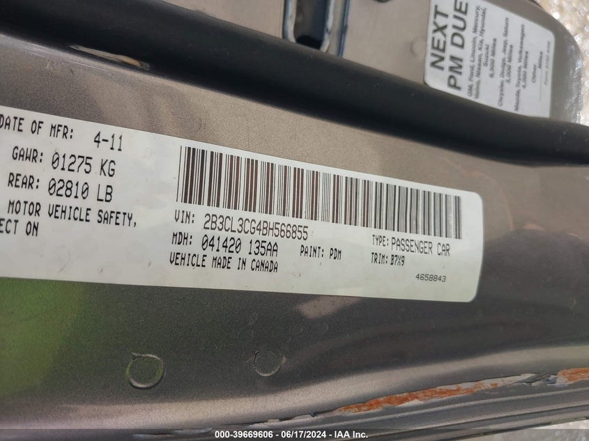 2011 Dodge Charger VIN: 2B3CL3CG4BH566855 Lot: 39669606