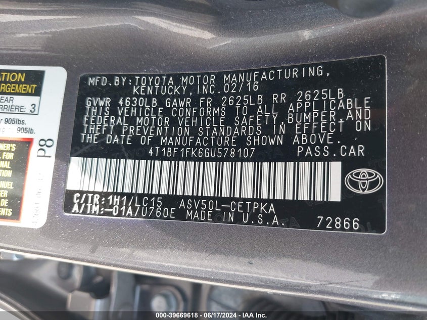 2016 Toyota Camry Xse VIN: 4T1BF1FK6GU578107 Lot: 39669618