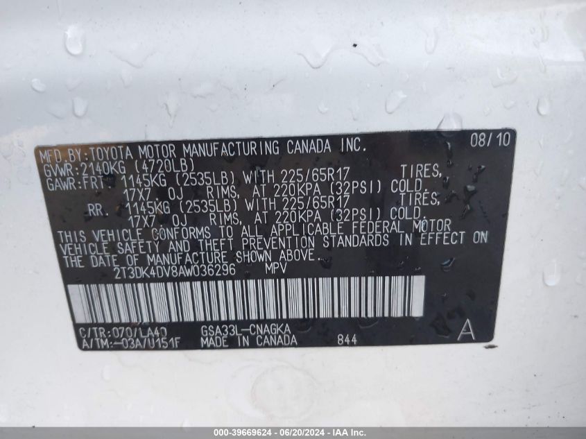 2010 Toyota Rav4 Limited V6 VIN: 2T3DK4DV8AW036296 Lot: 39669624