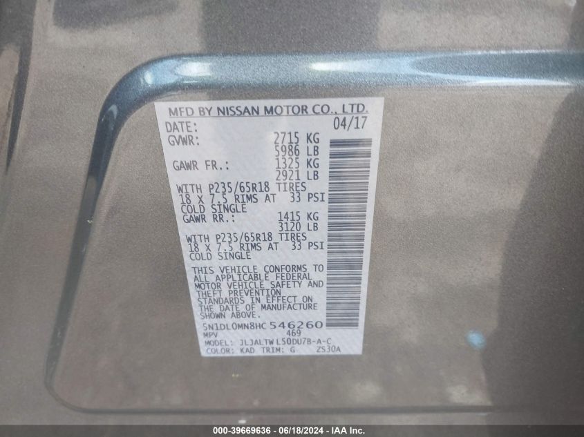 VIN 5N1DL0MN8HC546260 2017 INFINITI QX60