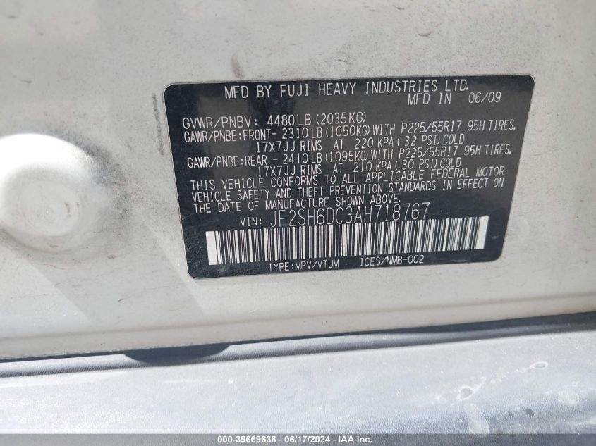 2010 Subaru Forester 2.5X Limited VIN: JF2SH6DC3AH718767 Lot: 39669638
