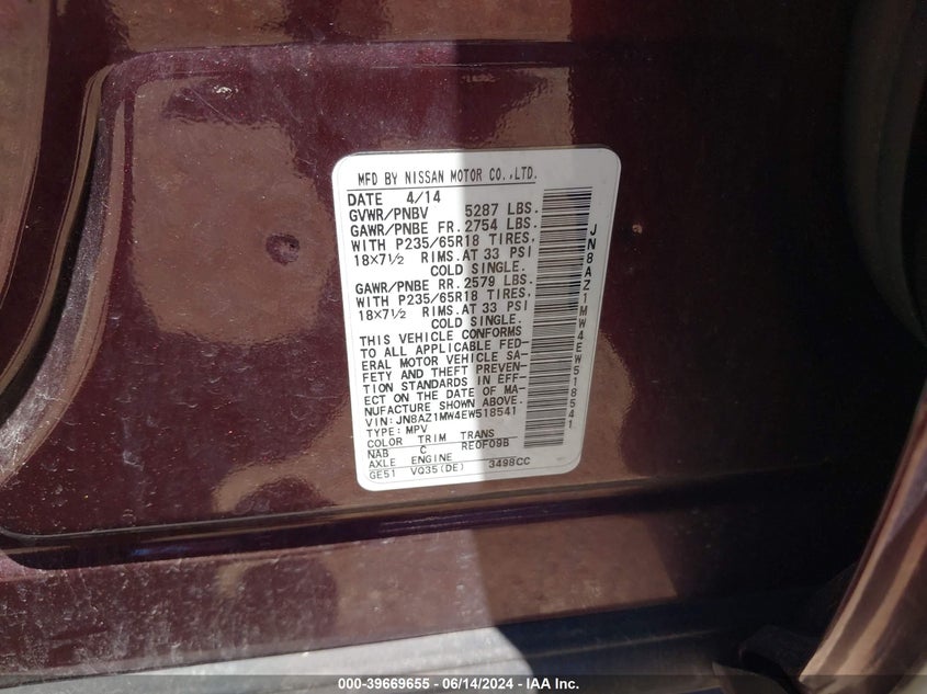 2014 Nissan Murano Sv VIN: JN8AZ1MW4EW518541 Lot: 39669655