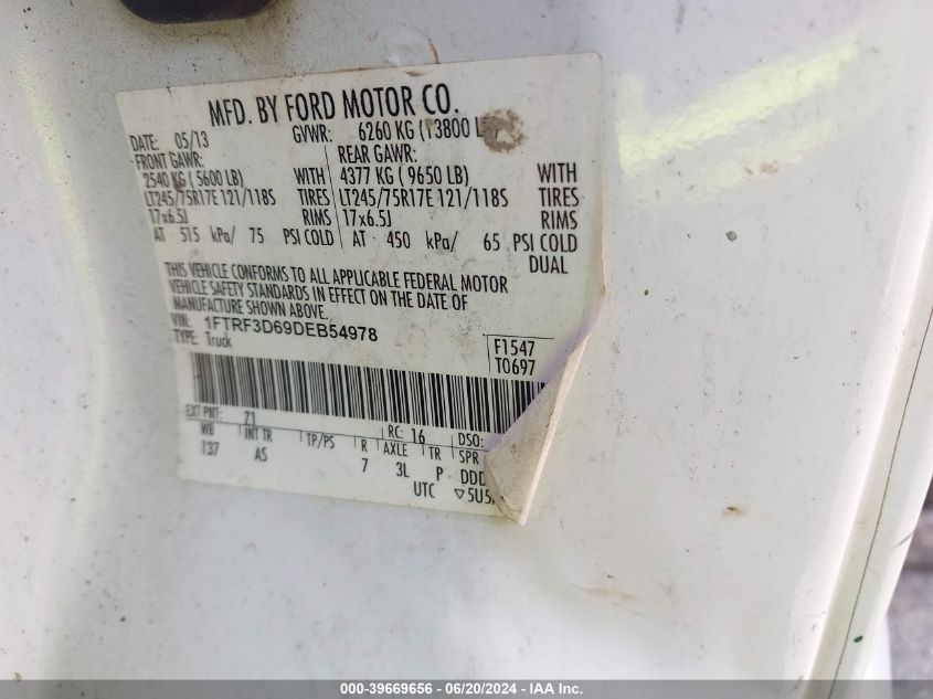 2013 Ford F-350 Xl VIN: 1FTRF3D69DEB54978 Lot: 39669656
