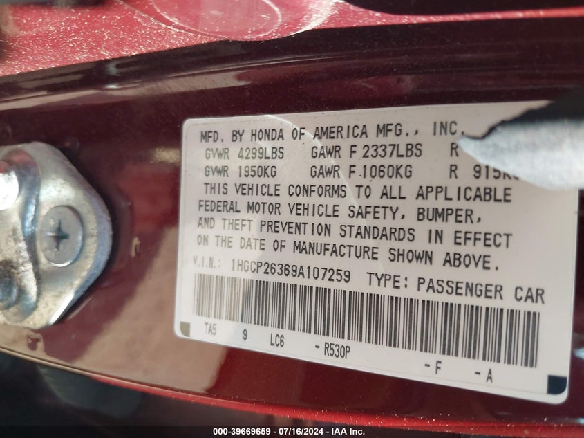 2009 Honda Accord 2.4 Lx VIN: 1HGCP26369A107259 Lot: 39669659