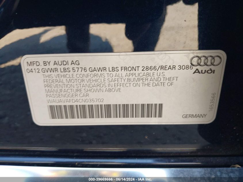 2012 Audi A8 4.2 VIN: WAUAVAFD4CN035702 Lot: 39669666