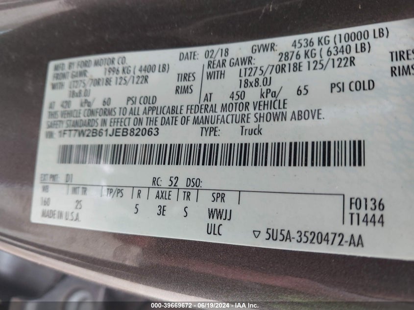 2018 Ford F-250 Xlt VIN: 1FT7W2B61JEB82063 Lot: 39669672