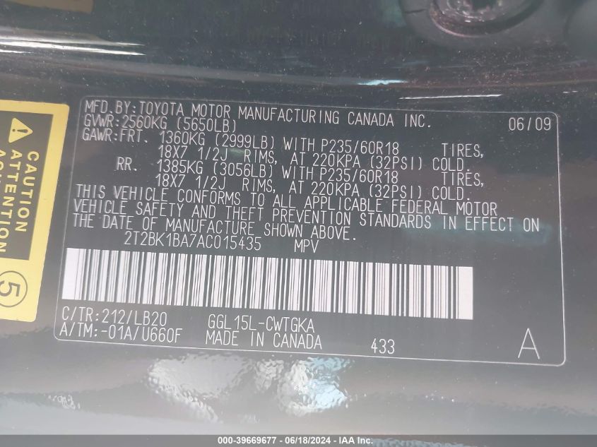 2010 Lexus Rx 350 VIN: 2T2BK1BA7AC015435 Lot: 39669677