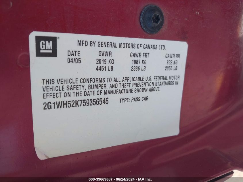 2005 Chevrolet Impala Ls VIN: 2G1WH52K759356546 Lot: 39669687