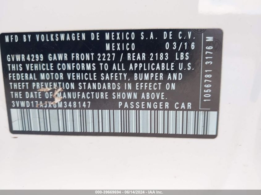 2016 Volkswagen Jetta 1.8T Sport VIN: 3VWD17AJXGM348147 Lot: 39669694