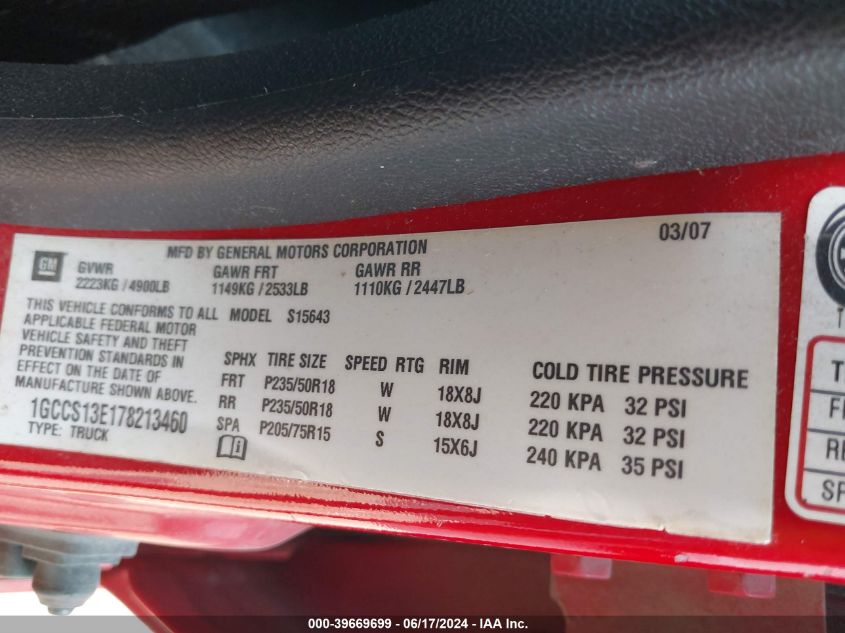 2007 Chevrolet Colorado Lt VIN: 1GCCS13E178213460 Lot: 39669699