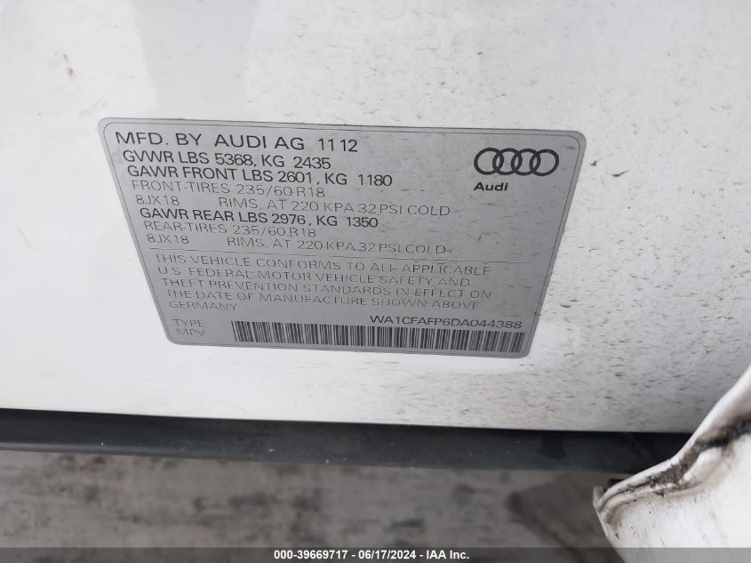 2013 Audi Q5 2.0T Premium VIN: WA1CFAFP6DA044388 Lot: 39669717