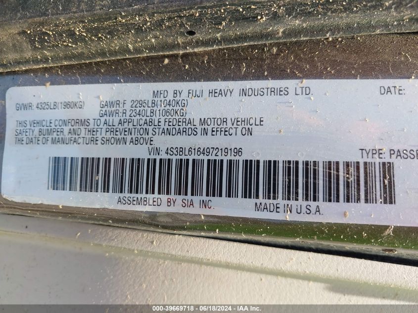 2009 Subaru Legacy 2.5I VIN: 4S3BL616497219196 Lot: 39669718