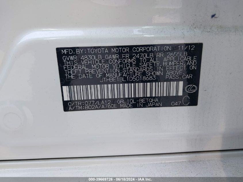 2013 Lexus Gs 350 VIN: JTHBE1BL1D5018683 Lot: 39669726