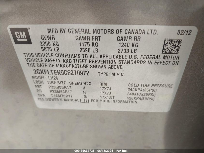 2012 GMC Terrain Sle-2 VIN: 2GKFLTEK9C6270972 Lot: 39669735