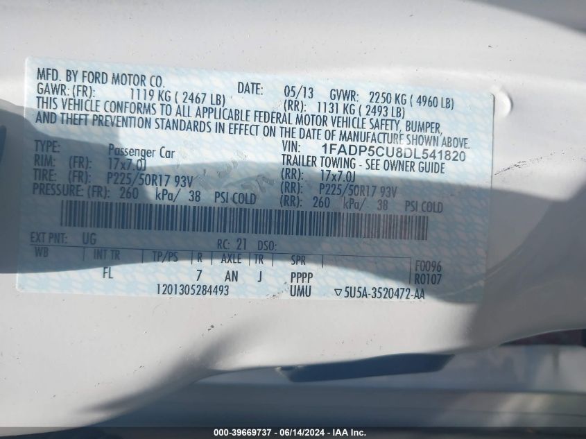 2013 Ford C-Max Energi Sel VIN: 1FADP5CU8DL541820 Lot: 39669737