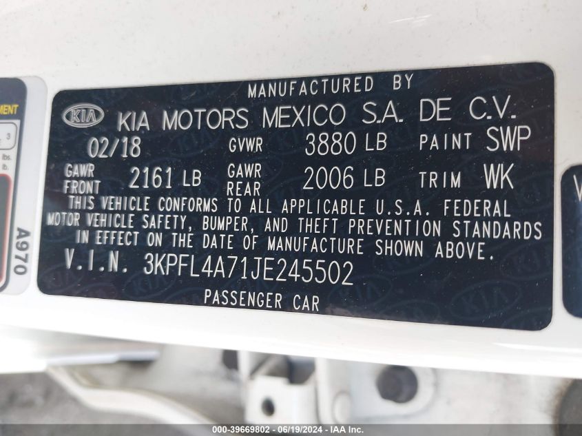 2018 Kia Forte Lx VIN: 3KPFL4A71JE245502 Lot: 39669802