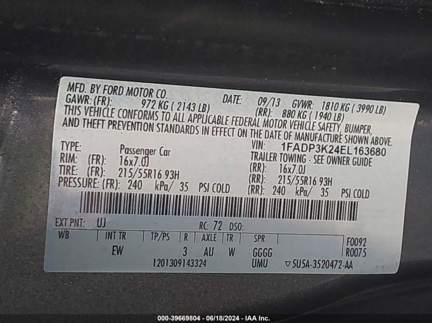 1FADP3K24EL163680 2014 Ford Focus Se